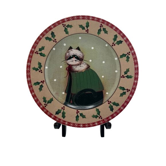 Vintage Sakura Fiddlestix Holiday Cats Stoneware Salad Plates Set of 4 - Picture 3 of 6